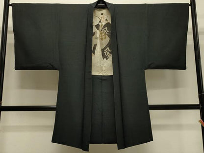 平和屋着物＃男性　長羽織　紬地　黒緑色　正絹　逸品　CABH7077in