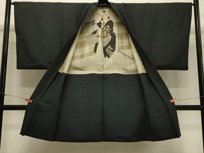 平和屋着物＃男性　長羽織　紬地　黒緑色　正絹　逸品　CABH7077in