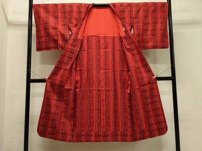 平和屋着物＃道行コート　雨コート　単衣　格子　ロング丈　正絹　逸品　CABH7082in