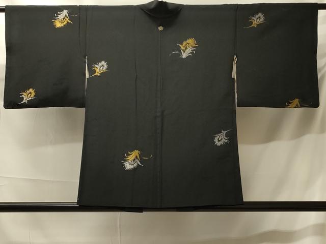 平和屋着物＃羽織　寿光織　草花文　黒地　金銀糸　正絹　逸品　CABH7092in