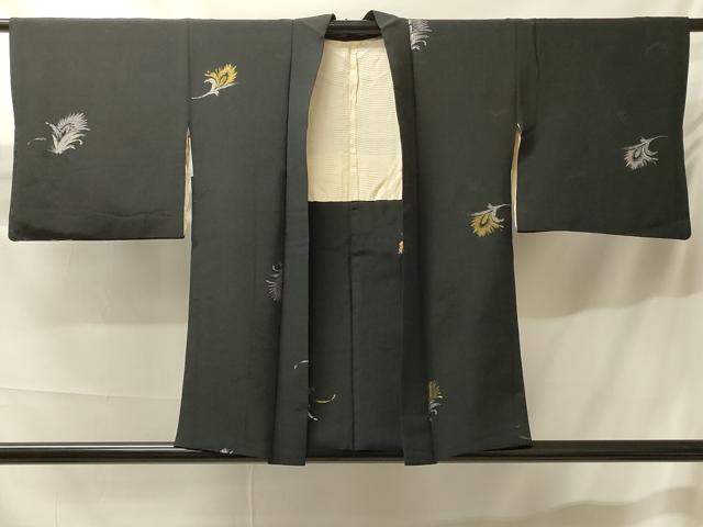 平和屋着物＃羽織　寿光織　草花文　黒地　金銀糸　正絹　逸品　CABH7092in