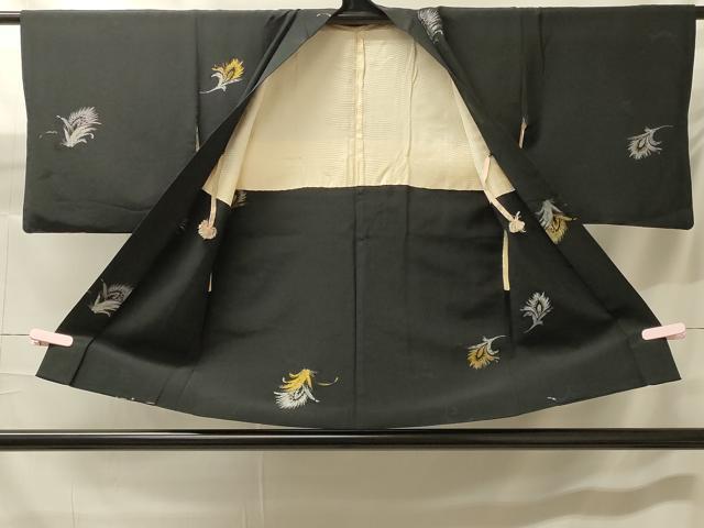 平和屋着物＃羽織　寿光織　草花文　黒地　金銀糸　正絹　逸品　CABH7092in