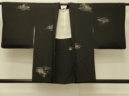 平和屋着物＃羽織　寿光織　立波風景文　黒地　金銀糸　正絹　逸品　CABH7119in