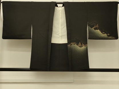 平和屋着物＃羽織　立波風景文　黒地　金銀彩　正絹　逸品　CABH7126in