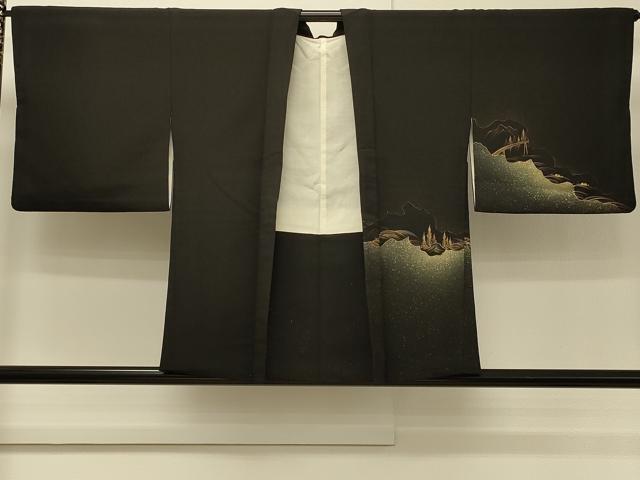 平和屋着物＃羽織　立波風景文　黒地　金銀彩　正絹　逸品　CABH7126in