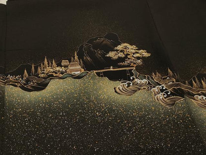 平和屋着物＃羽織　立波風景文　黒地　金銀彩　正絹　逸品　CABH7126in