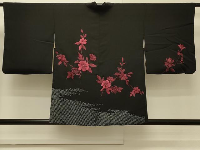 平和屋着物＃羽織　刺繍　霞枝花文　黒地　正絹　逸品　CABH7135in