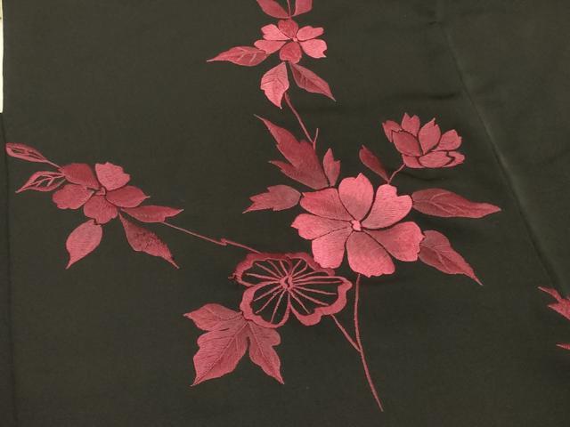 平和屋着物＃羽織　刺繍　霞枝花文　黒地　正絹　逸品　CABH7135in
