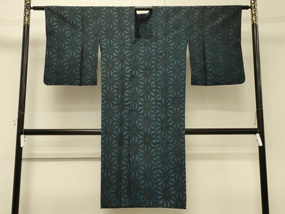 平和屋着物∞道行コート　お召地　単衣　麻の葉文様　ロング丈　正絹　逸品　CABH7145in