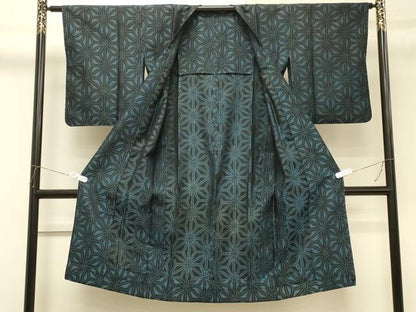 平和屋着物∞道行コート　お召地　単衣　麻の葉文様　ロング丈　正絹　逸品　CABH7145in