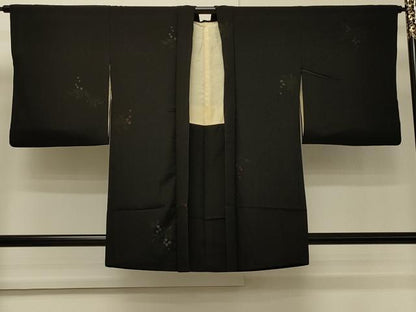 平和屋着物＃羽織　寿光織　南天文　黒地　銀糸　正絹　逸品　CABH7153in