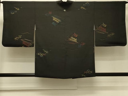 平和屋着物＃羽織　寿光織　風景文　黒地　金糸　正絹　逸品　CABH7154in