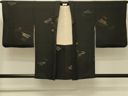 平和屋着物＃羽織　寿光織　風景文　黒地　金糸　正絹　逸品　CABH7154in