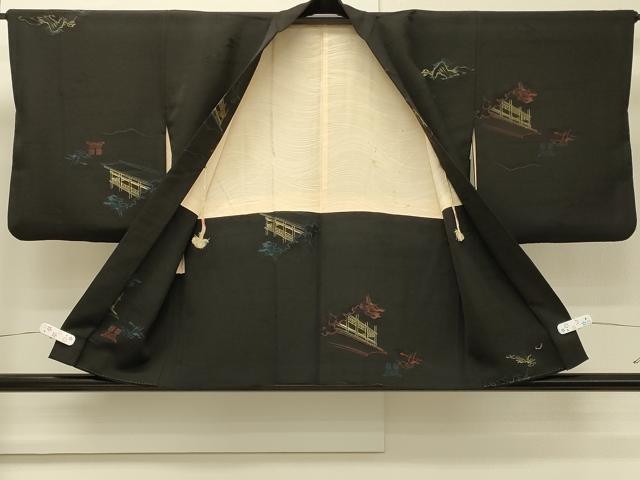 平和屋着物＃羽織　寿光織　風景文　黒地　金糸　正絹　逸品　CABH7154in