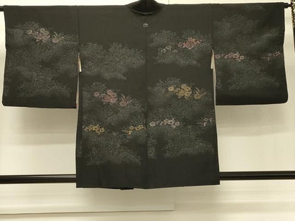 平和屋着物＃羽織　寿光織　草花文　黒地　金銀糸　正絹　逸品　CABH7155in