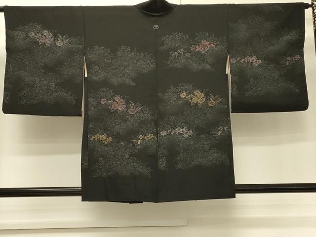 平和屋着物＃羽織　寿光織　草花文　黒地　金銀糸　正絹　逸品　CABH7155in