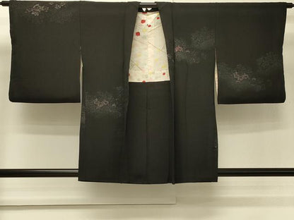 平和屋着物＃羽織　寿光織　草花文　黒地　金銀糸　正絹　逸品　CABH7155in