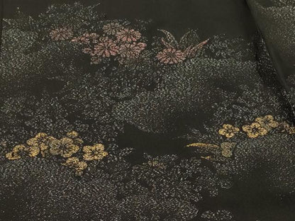 平和屋着物＃羽織　寿光織　草花文　黒地　金銀糸　正絹　逸品　CABH7155in