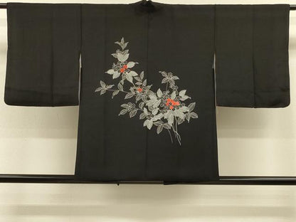 平和屋着物＃羽織　刺繍　草花文　黒地　正絹　逸品　CABH7157in