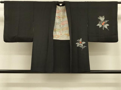平和屋着物＃羽織　刺繍　草花文　黒地　正絹　逸品　CABH7157in