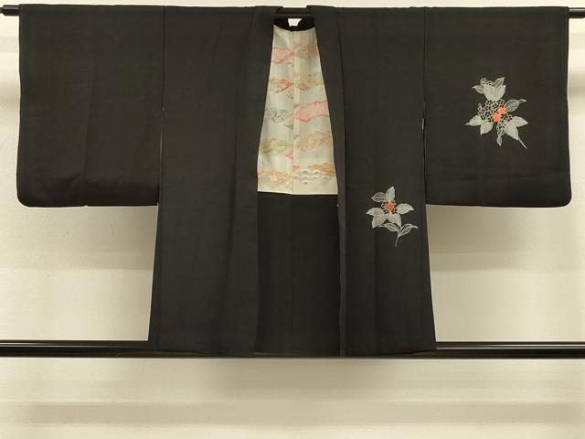 平和屋着物＃羽織　刺繍　草花文　黒地　正絹　逸品　CABH7157in