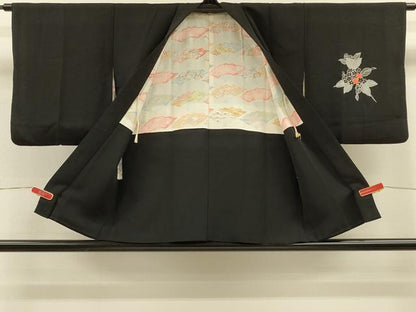 平和屋着物＃羽織　刺繍　草花文　黒地　正絹　逸品　CABH7157in