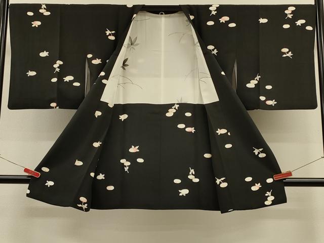 平和屋着物∞道行コート　草花文　暈し染め　黒地　正絹　逸品　CABH7174in