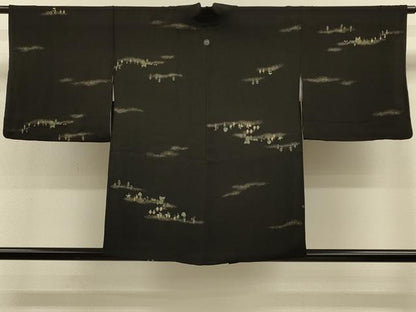 平和屋着物＃羽織　寿光織　人物風景文　黒地　金糸　正絹　逸品　CABH7184in