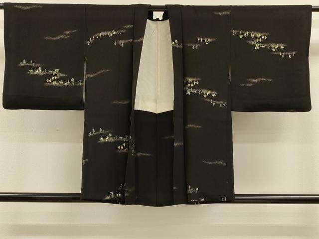 平和屋着物＃羽織　寿光織　人物風景文　黒地　金糸　正絹　逸品　CABH7184in