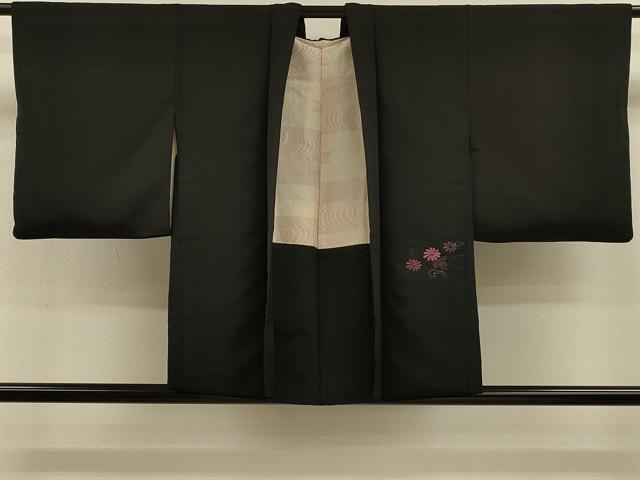 平和屋着物＃羽織　総刺繍　流水草花文　黒地　正絹　逸品　CABH7186in