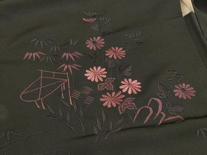 平和屋着物＃羽織　総刺繍　流水草花文　黒地　正絹　逸品　CABH7186in