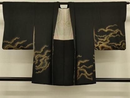 平和屋着物＃羽織　寿光織　霞文　黒地　金糸　正絹　逸品　CABH7189in