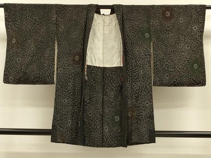 平和屋着物＃羽織　寿光織　菊づくし　黒地　金銀糸　正絹　逸品　CABH7193in