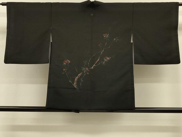 平和屋着物＃羽織　寿光織　枝花文　黒地　金糸　正絹　逸品　CABH7196in