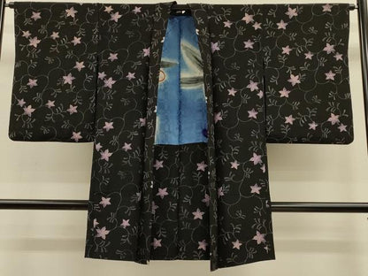 平和屋着物＃長羽織　枝花文　黒地　正絹　逸品　CABH7198in