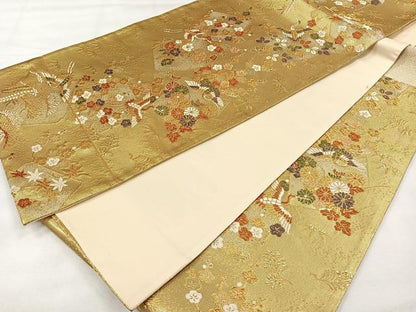 平和屋着物◎六通柄袋帯　色紙重ね飛鶴松竹梅　金糸　正絹　逸品　CABH7201yk