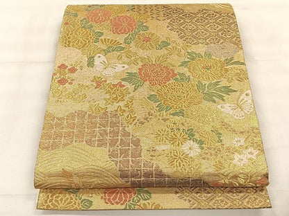 平和屋着物◎六通柄袋帯　唐草文　花蝶文　金糸　正絹　逸品　CABH7208yk