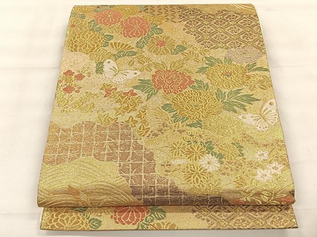 平和屋着物◎六通柄袋帯　唐草文　花蝶文　金糸　正絹　逸品　CABH7208yk