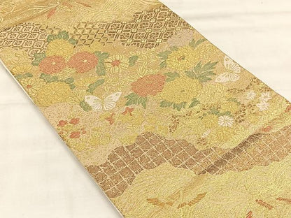 平和屋着物◎六通柄袋帯　唐草文　花蝶文　金糸　正絹　逸品　CABH7208yk