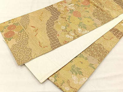 平和屋着物◎六通柄袋帯　唐草文　花蝶文　金糸　正絹　逸品　CABH7208yk
