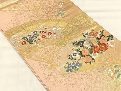 平和屋着物◎六通柄袋帯　唐織　扇面御所車花文　金糸　正絹　逸品　CABH7213yk