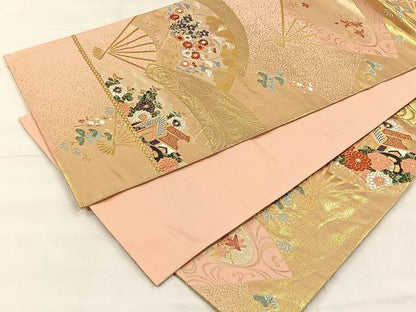 平和屋着物◎六通柄袋帯　唐織　扇面御所車花文　金糸　正絹　逸品　CABH7213yk