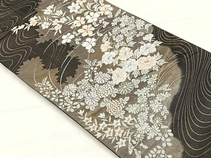 平和屋着物◎六通柄袋帯　流水草花文　銀糸　正絹　逸品　CABH7219yk