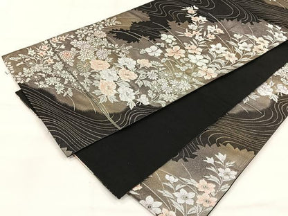 平和屋着物◎六通柄袋帯　流水草花文　銀糸　正絹　逸品　CABH7219yk