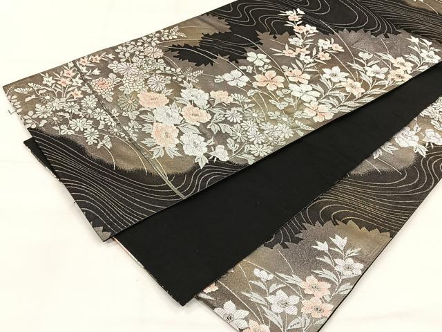 平和屋着物◎六通柄袋帯　流水草花文　銀糸　正絹　逸品　CABH7219yk