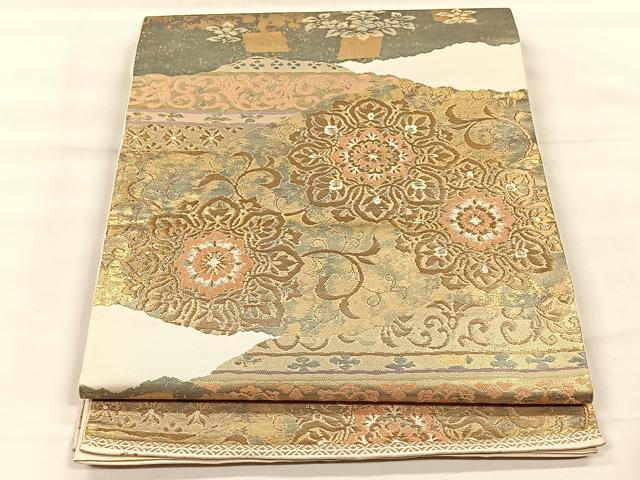 平和屋着物◎服部織物謹製　六通柄袋帯　こはく錦　手工芸　正倉院花唐草文　金糸　正絹　逸品　CABH7228yk