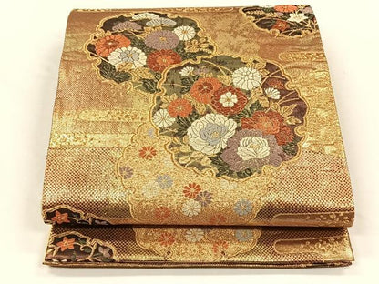 平和屋着物◎六通柄袋帯　唐織　宝飾雪輪菊花文　金糸　正絹　逸品　CABH7232yk