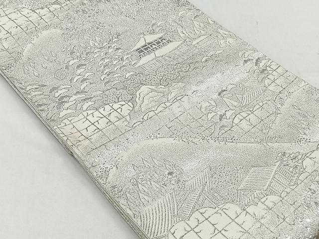 平和屋着物◎六通柄袋帯　風景樹林文　プラチナ銀箔二重織　正絹　逸品　CABH7242yk