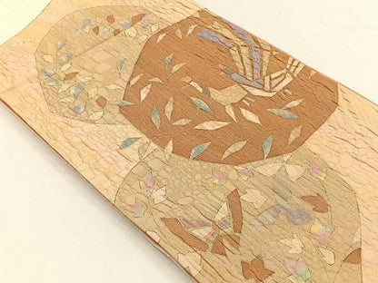 平和屋着物◎太鼓柄袋帯　作家物　絞り　孔雀枝葉文　金通し地　正絹　逸品　CABH7247yk