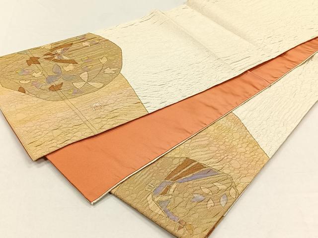 平和屋着物◎太鼓柄袋帯　作家物　絞り　孔雀枝葉文　金通し地　正絹　逸品　CABH7247yk